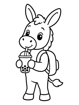 A sweet donkey coloring page featuring a foal sipping boba tea with a backpack.