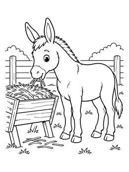 A cute donkey coloring page showing a friendly farm animal eating hay from a wooden feeder.
