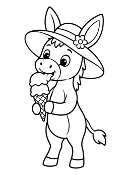 A sweet donkey coloring page featuring a donkey in a sunhat enjoying ice cream.
