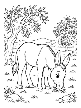 A sweet little donkey grazing near fruit trees in this donkey coloring page.