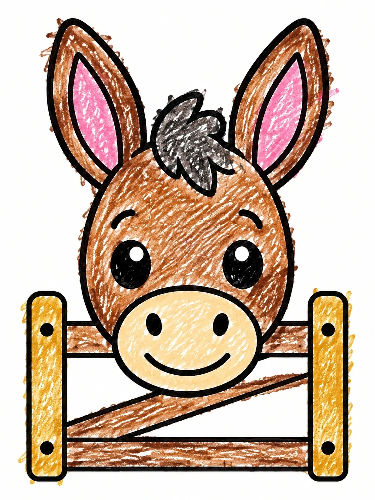Colored example of the Cute Donkey Peeking Over Farm Gate coloring page