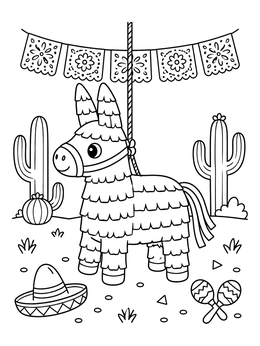 Free printable Cute Donkey Pinata Fiesta Party coloring page