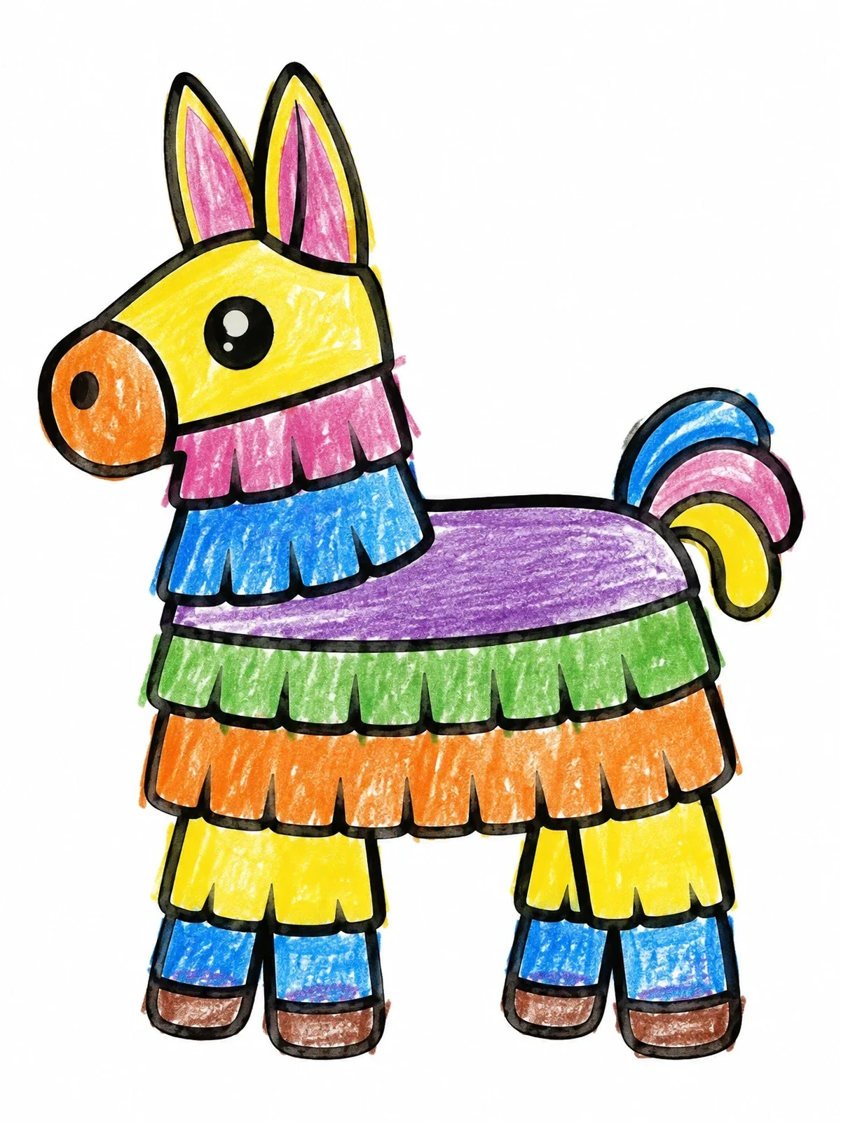 Colored example of the Cute Donkey Piñata With Fringes coloring page