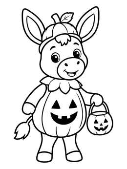 A cute donkey coloring page showing a little foal in a pumpkin Halloween costume holding a candy bucket.