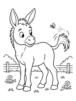 A donkey coloring page showing a playful foal swishing its tail at a bee near a farm fence.