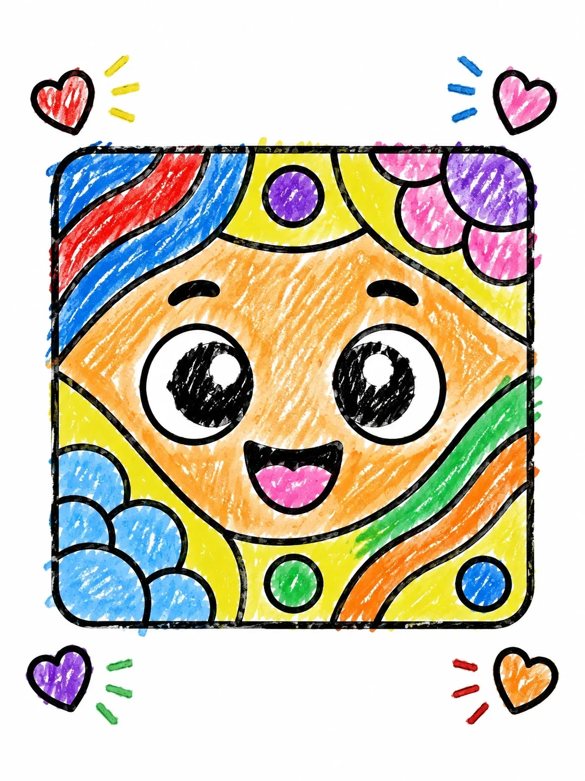 Colored example of the Cute Doodle Pattern Square Face coloring page