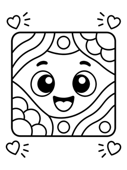 A happy square face framed by patterns in a doodle coloring page.
