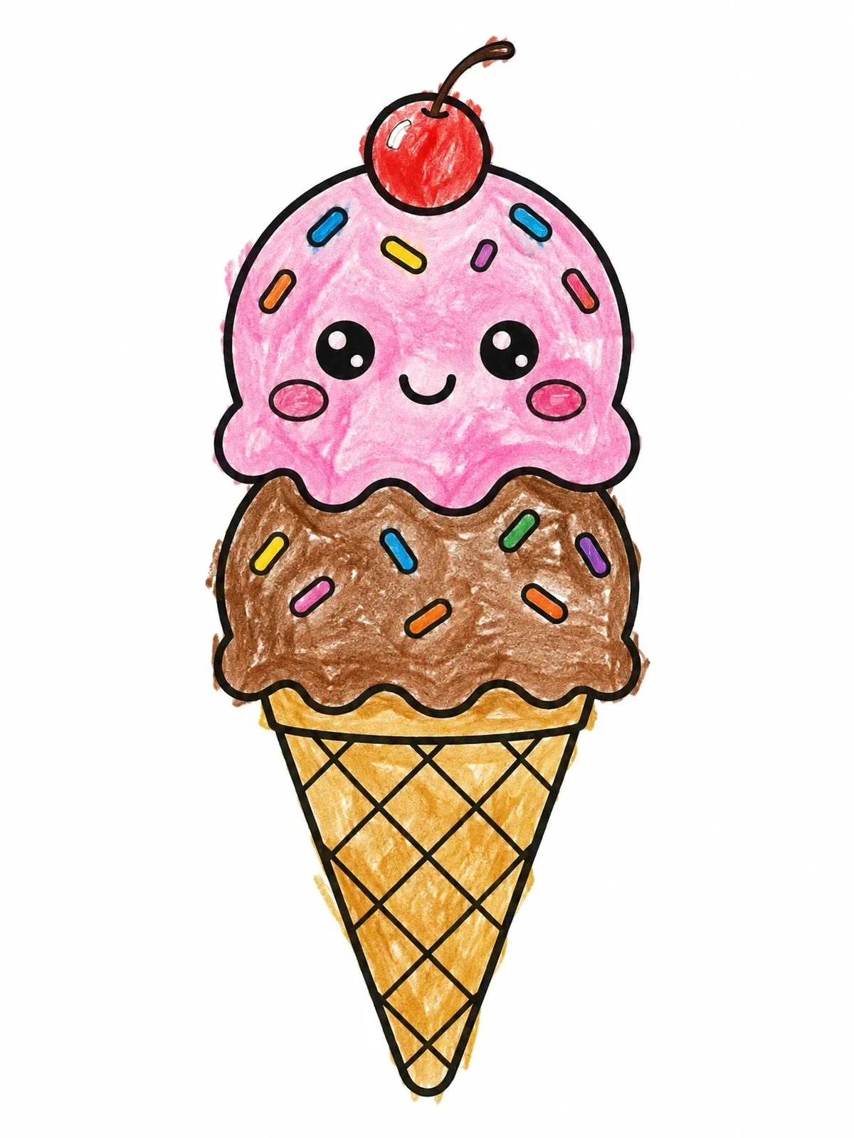 Colored example of the Cute Double Scoop Ice Cream Cone coloring page