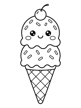 A cute food coloring page showing a smiling double scoop ice cream cone with sprinkles and a cherry.