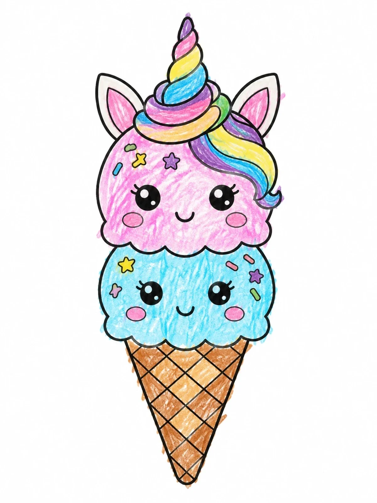 Colored example of the Cute Double Scoop Unicorn Ice Cream Cone coloring page