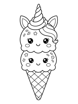 Free printable Cute Double Scoop Unicorn Ice Cream Cone coloring page