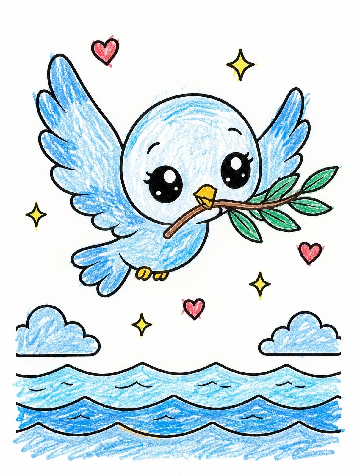 Colored example of the Cute Dove Over Ocean Waves coloring page