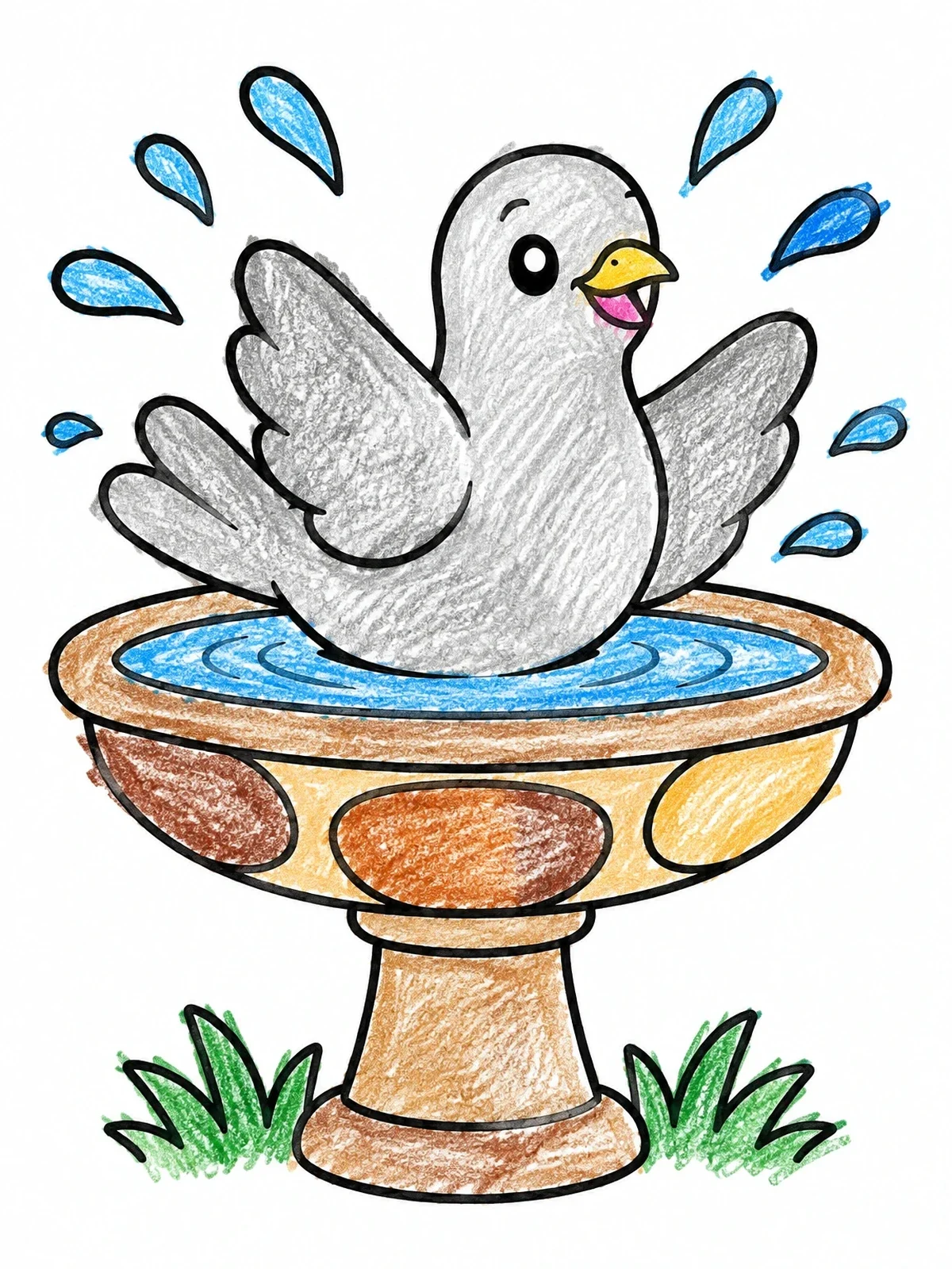 Colored example of the Dove Splashing In Birdbath coloring page