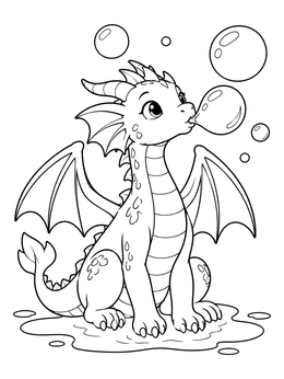A cute dragon coloring page featuring a baby dragon blowing bubbles while sitting in a puddle.