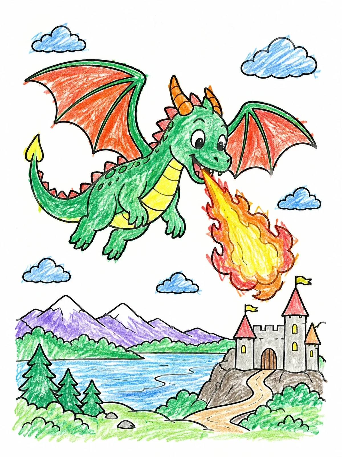 Colored example of the Cute Dragon Flying Over Castle coloring page