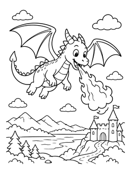 Free printable Cute Dragon Flying Over Castle coloring page