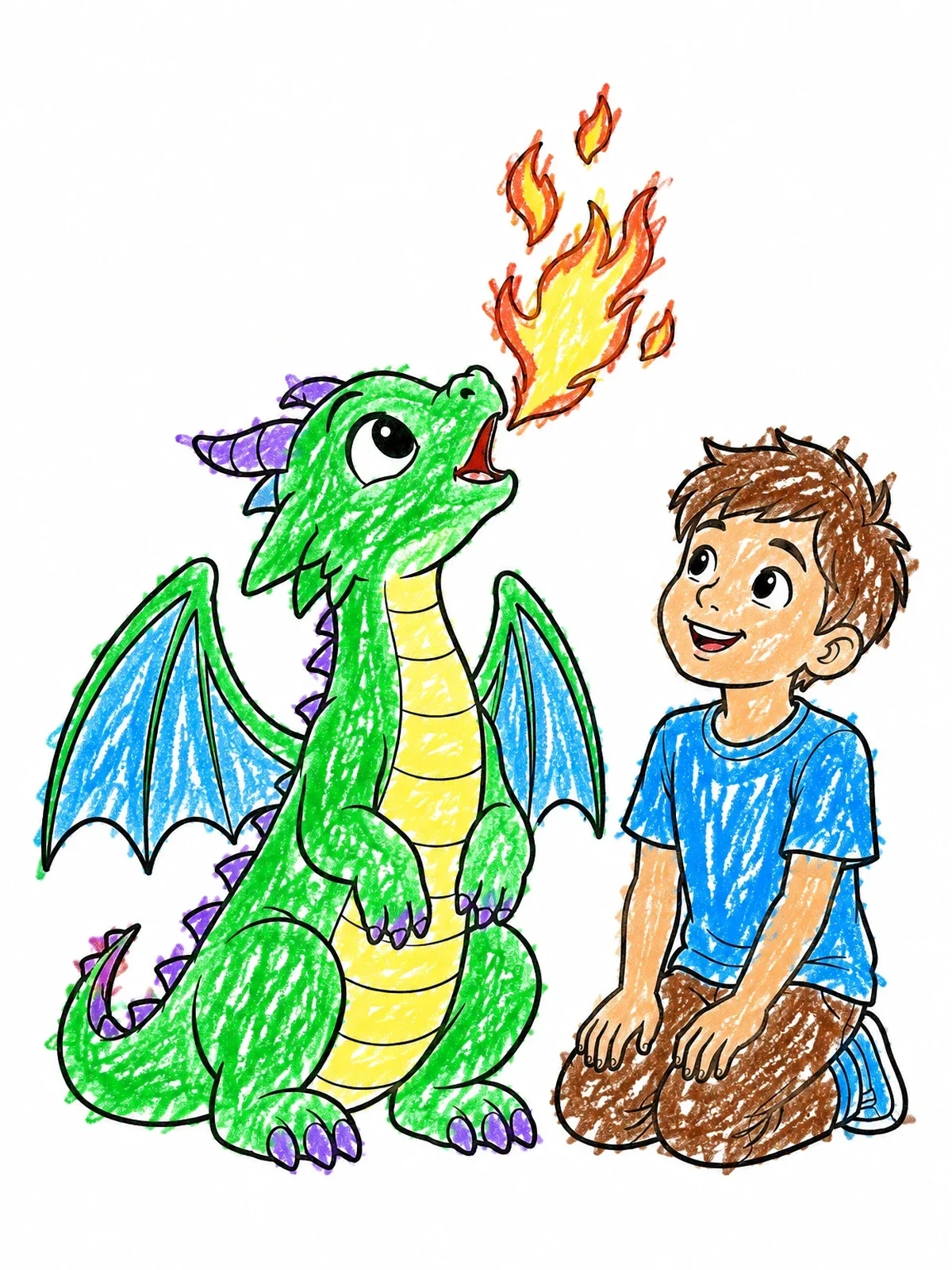 Colored example of the Cute Dragon Breathing Small Flames With Boy coloring page