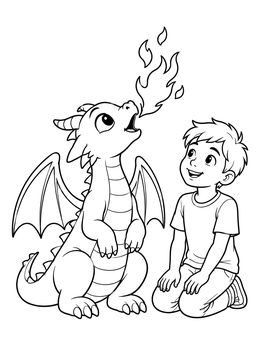 A friendly dragon breathing fire coloring page featuring a baby dragon showing sparks to a happy boy.