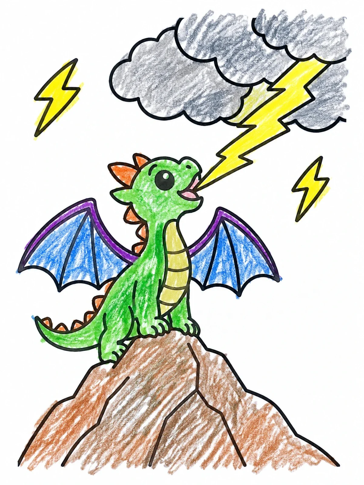 Colored example of the Cute Dragon Breathing Lightning Bolt coloring page