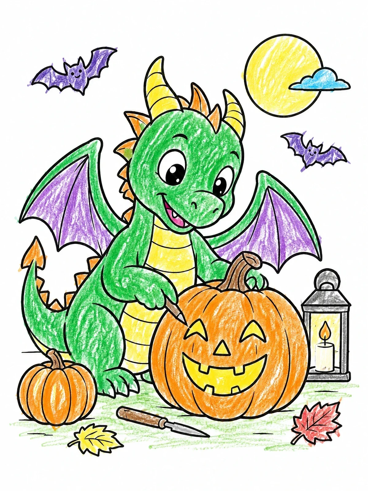 Colored example of the Cute Dragon Carving A Pumpkin coloring page
