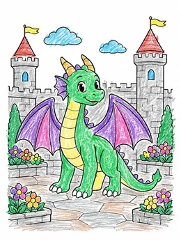 Cute Dragon In Castle Courtyard Coloring Page