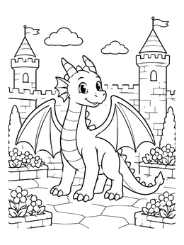 A friendly dragon coloring page standing in a fairytale castle courtyard with flower beds.