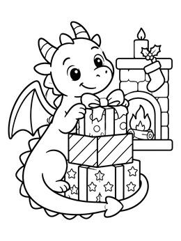 Free printable Cute Dragon With Christmas Gifts coloring page