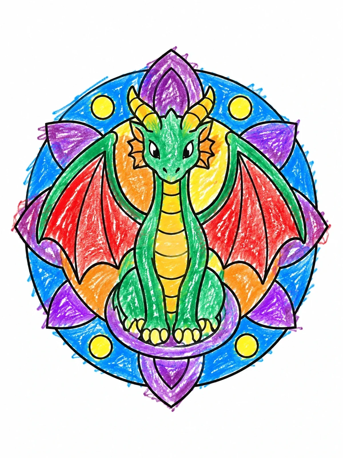 Colored example of the Cute Dragon In Circular Mandala coloring page