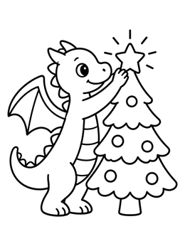 Free printable Cute Dragon Decorating Christmas Tree coloring page