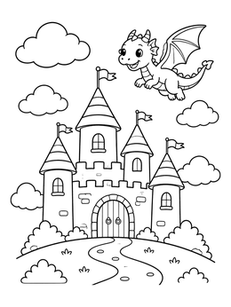 Free printable Cute Dragon Flying Above Castle coloring page