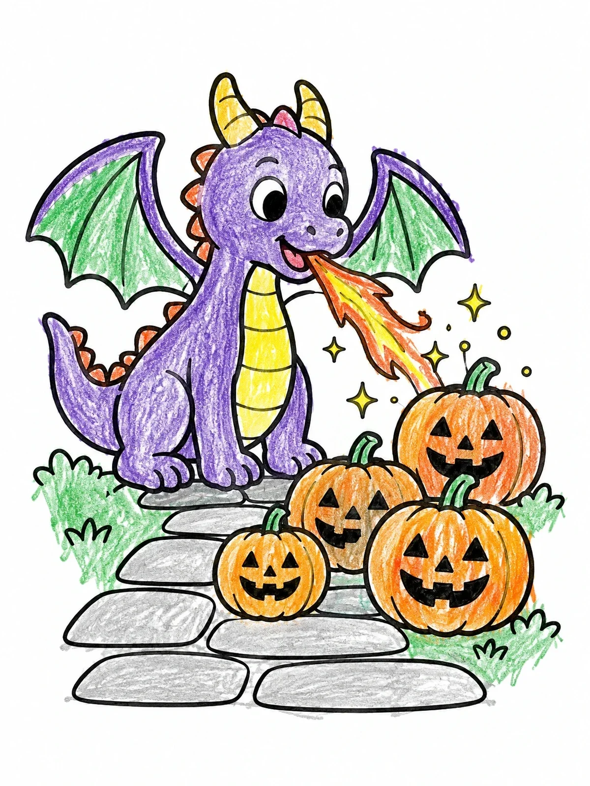 Colored example of the Cute Dragon With Halloween Pumpkins coloring page
