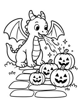 Free printable Cute Dragon With Halloween Pumpkins coloring page