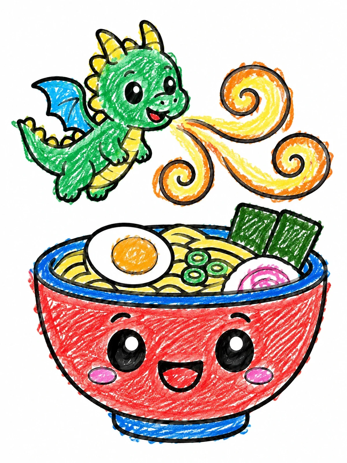 Colored example of the Cute Dragon And Happy Ramen Bowl coloring page