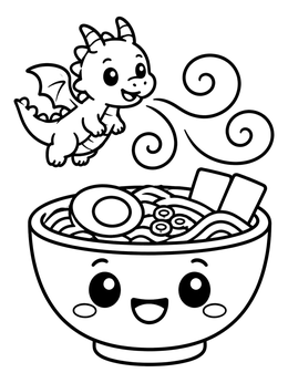 A ramen coloring page featuring a tiny dragon blowing steam over a smiling noodle bowl.