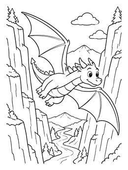 A cheerful baby dragon coloring page soaring through a deep rocky canyon over a winding river.