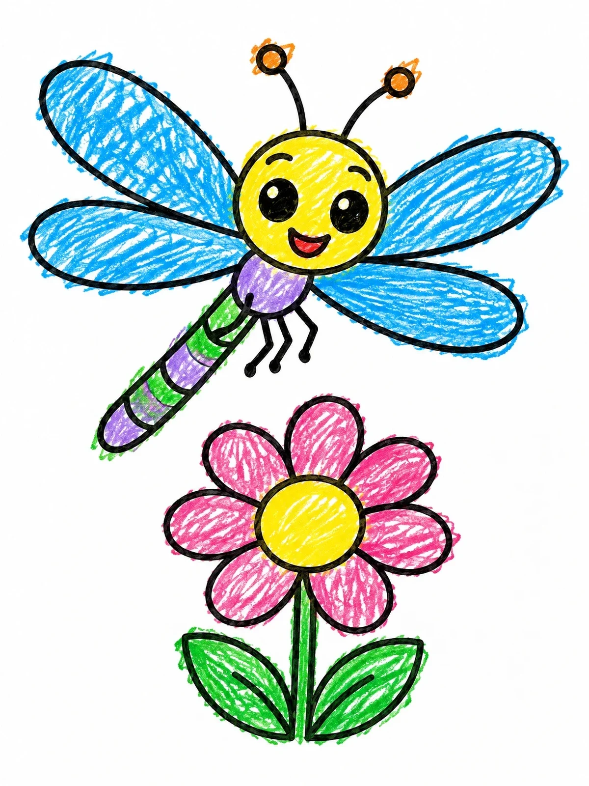 Colored example of the Cute Dragonfly Above A Daisy coloring page
