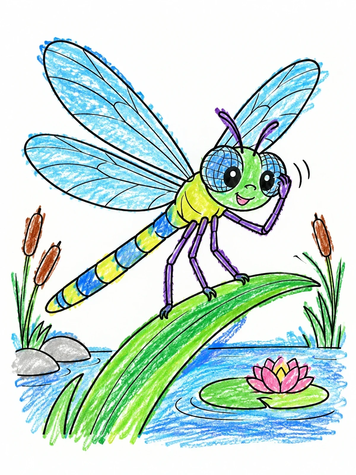 Colored example of the Cute Dragonfly Cleaning Its Eyes coloring page