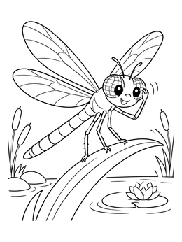 A cute dragonfly coloring page showing the insect rubbing its large eyes by a pond.