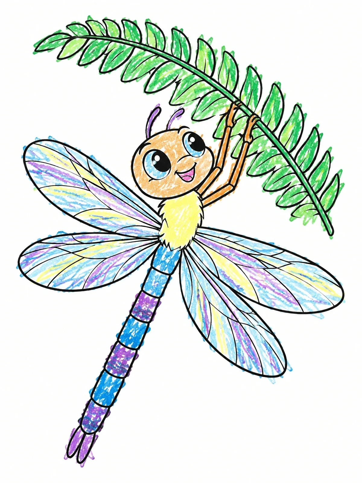 Colored example of the Cute Dragonfly Clinging To Fern coloring page