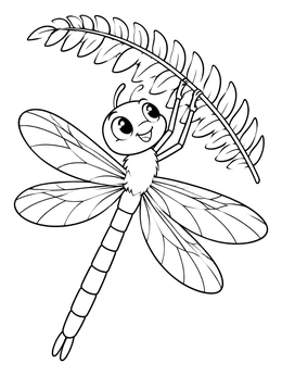 A cheerful insect clings to a leaf on this dragonfly coloring page.