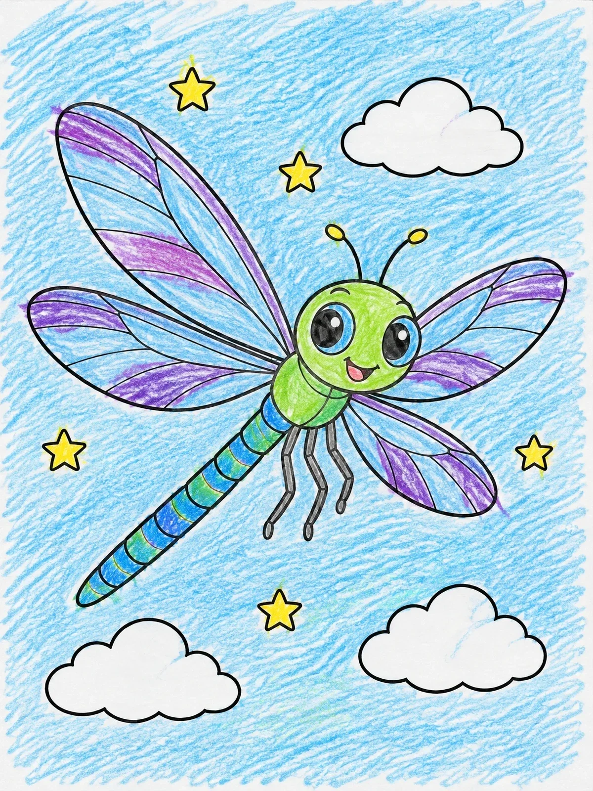 Colored example of the Cute Dragonfly Among Clouds And Stars coloring page