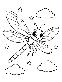 A happy cartoon dragonfly coloring page flying through clouds and little stars.