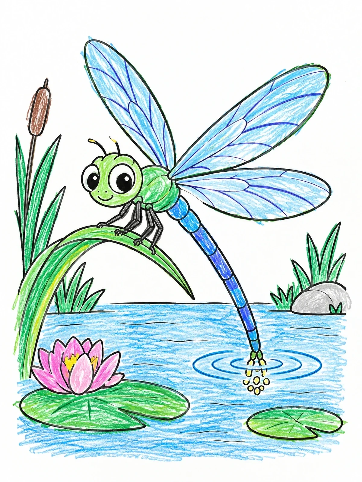 Colored example of the Dragonfly Laying Eggs In Pond coloring page