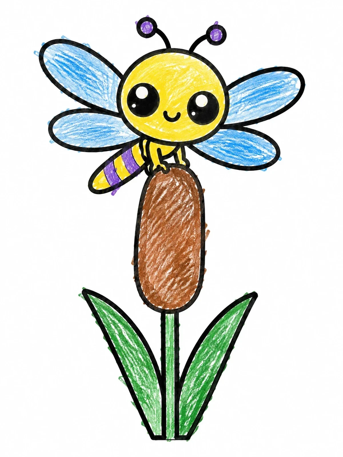 Colored example of the Cute Dragonfly On A Cattail coloring page