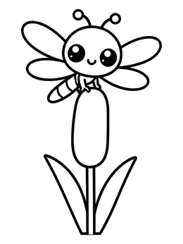 A sweet cartoon dragonfly coloring page perched on a tall cattail reed.