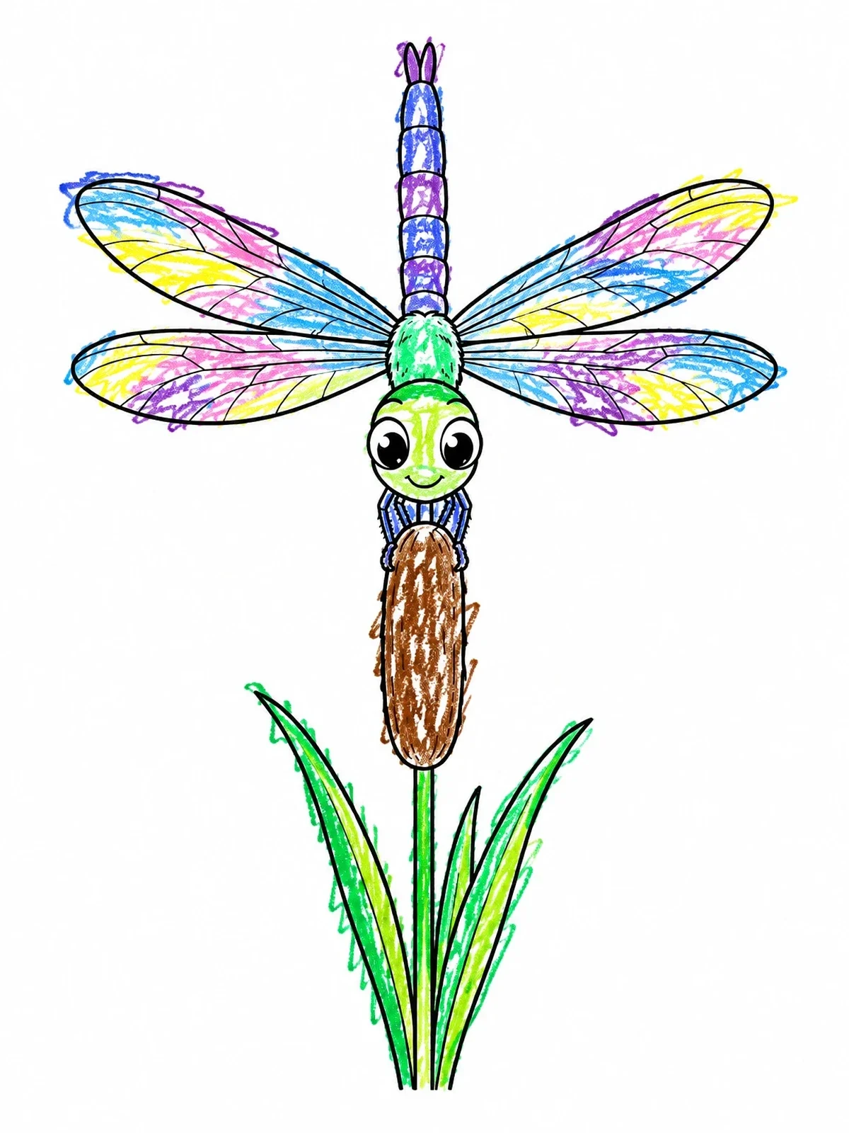 Colored example of the Cute Dragonfly Resting On Cattail coloring page