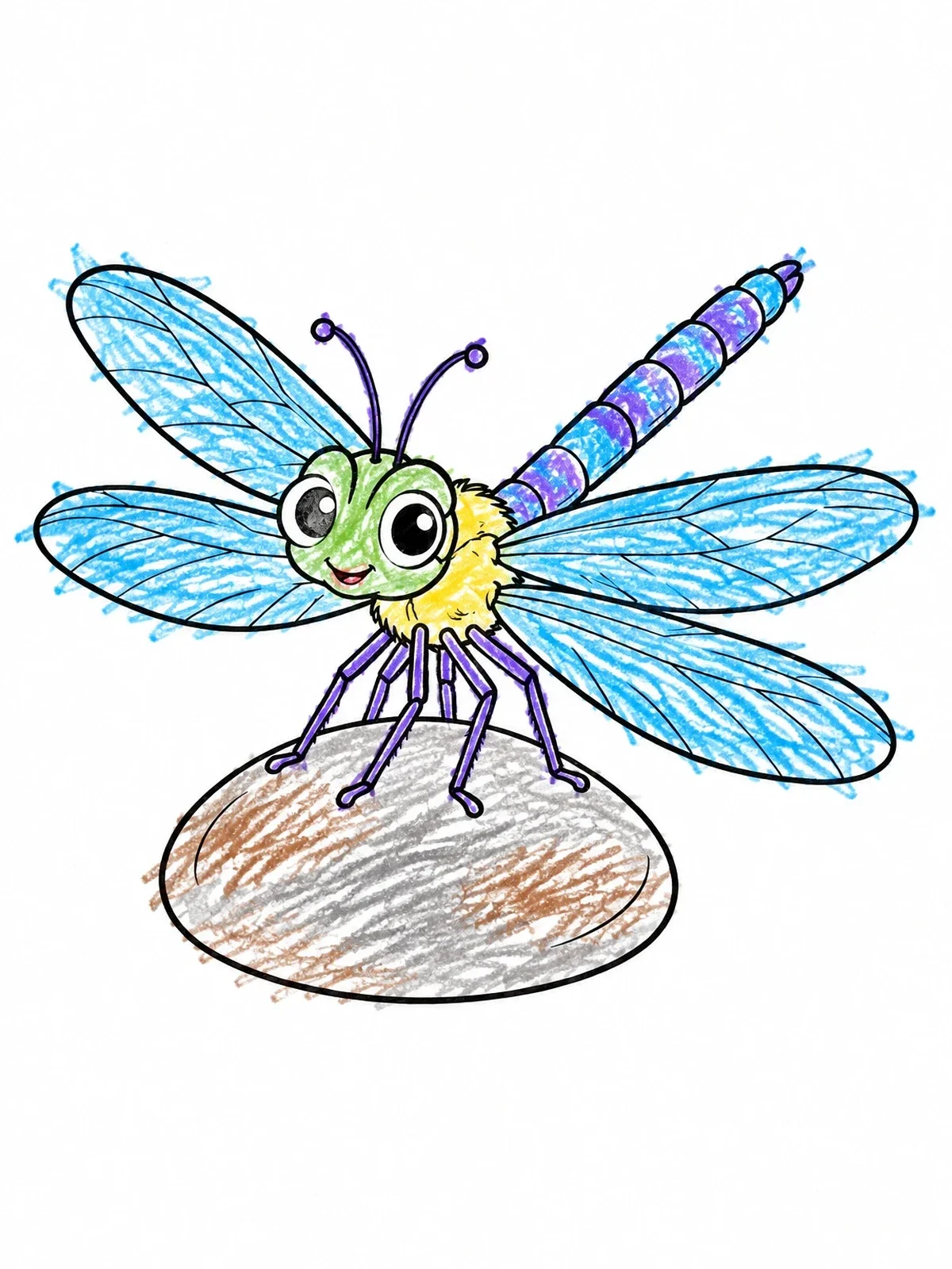 Colored example of the Cute Dragonfly Resting On A Pebble coloring page