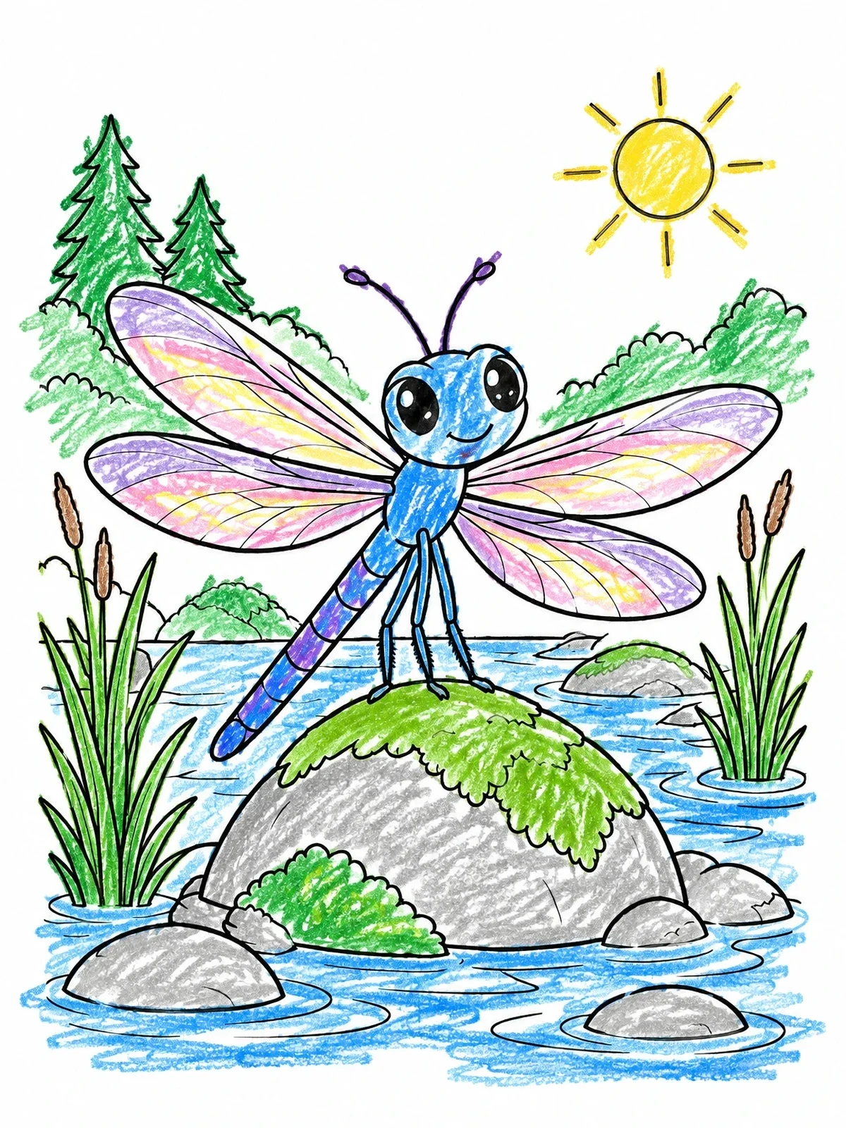 Colored example of the Cute Dragonfly Resting On A River Rock coloring page