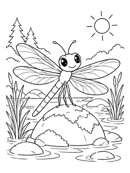 A cute dragonfly coloring page showing the insect resting on a mossy rock in a sunny creek.