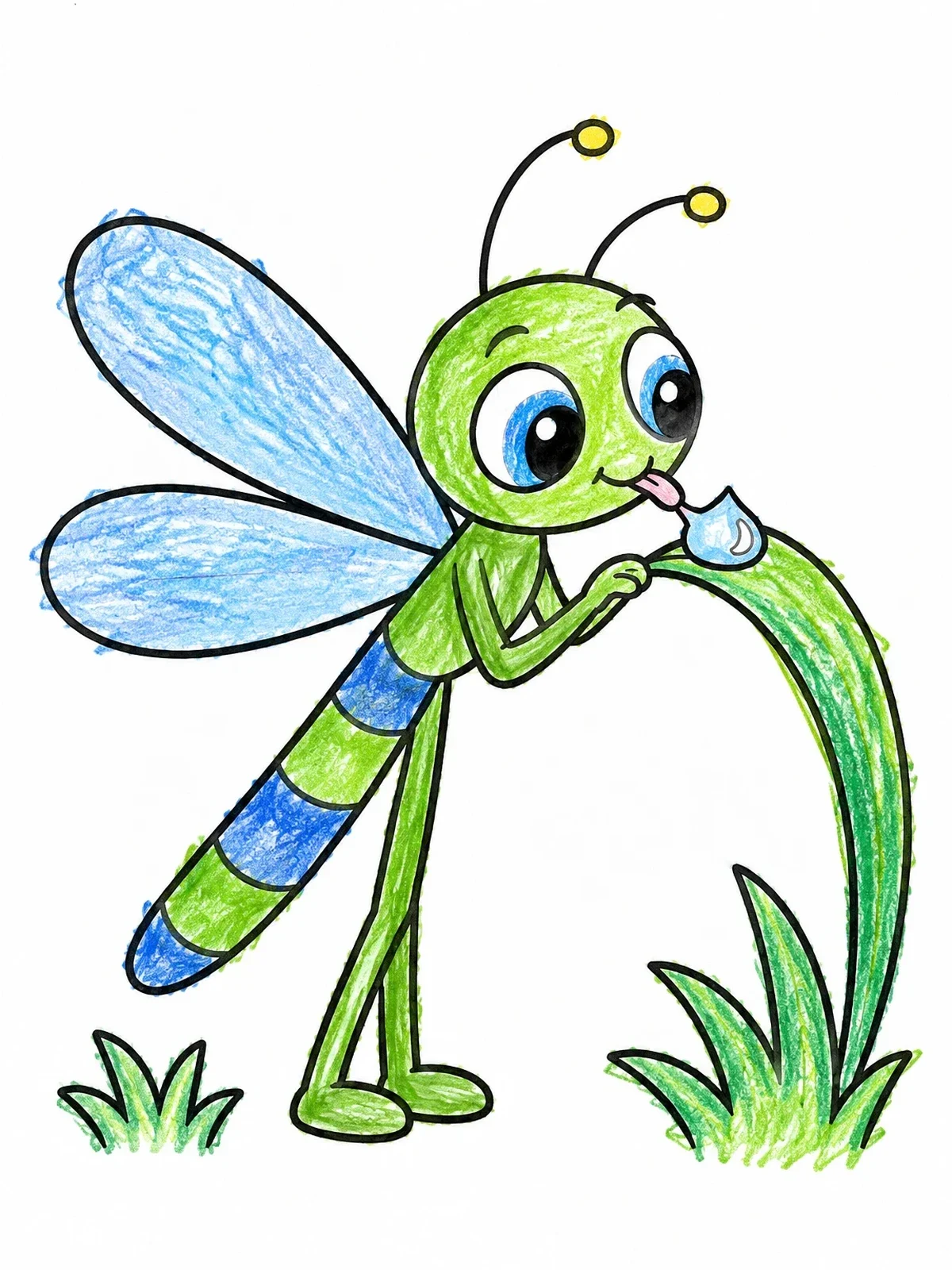 Colored example of the Cute Dragonfly Sipping Morning Dew coloring page